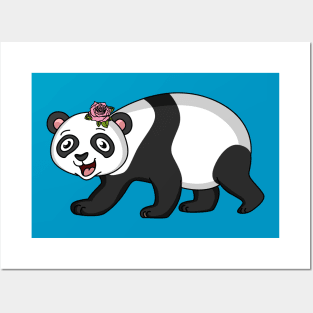 Cute happy panda bear with flower cartoon Posters and Art